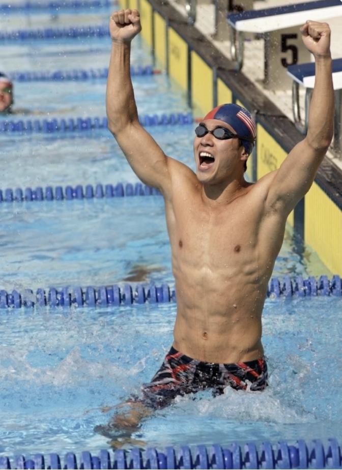 Swimmer celebrating
